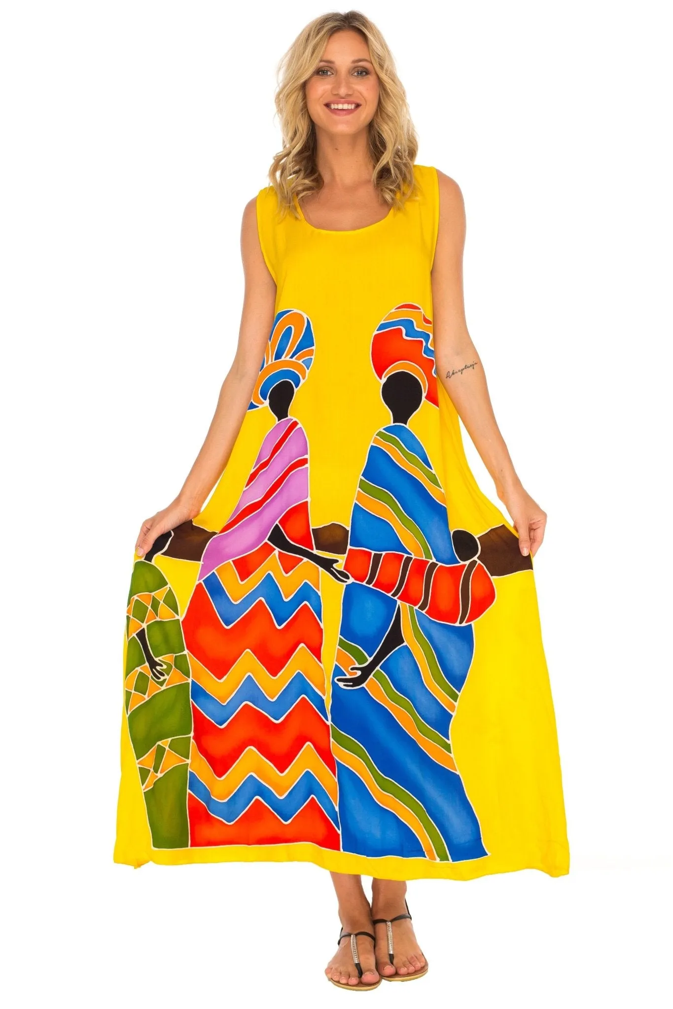 SHU-SHI Women's Loose Sleeveless Tank Dress - Casual Beach Cover-Up Sundress with Hand-Painted Tribal Design