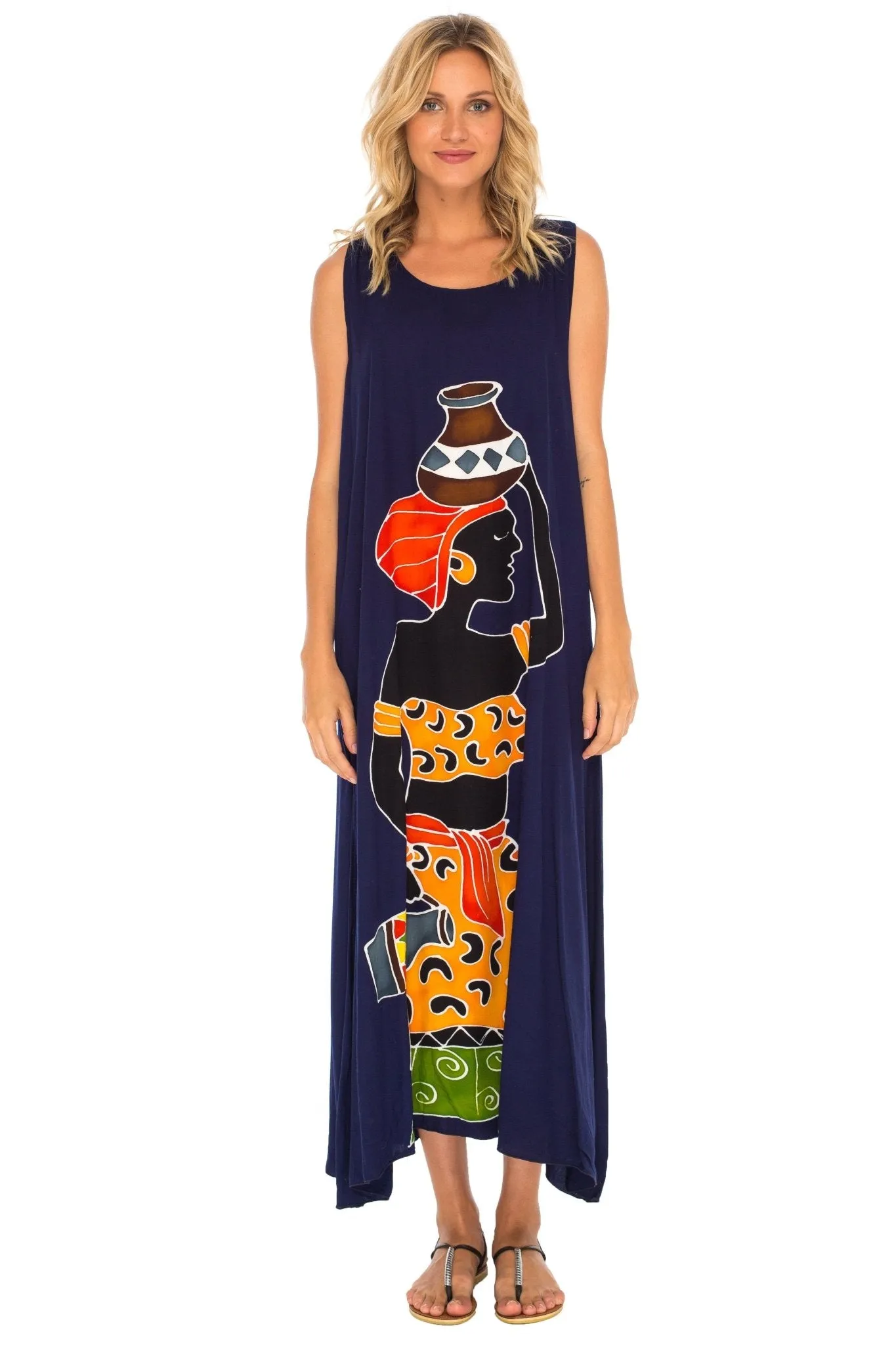 SHU-SHI Women's Loose Sleeveless Tank Dress - Casual Beach Cover-Up Sundress with Hand-Painted Tribal Design