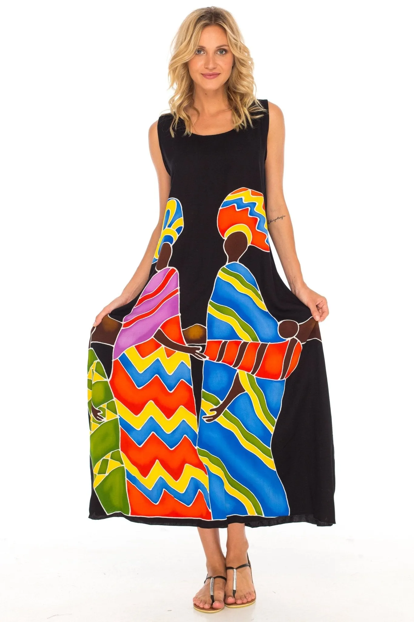 SHU-SHI Women's Loose Sleeveless Tank Dress - Casual Beach Cover-Up Sundress with Hand-Painted Tribal Design