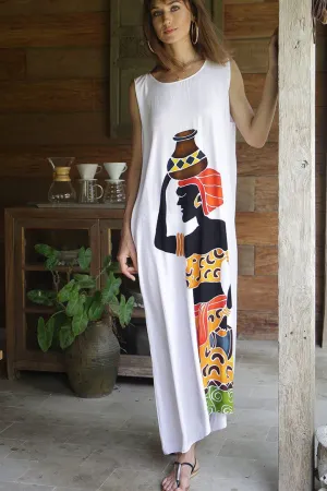 SHU-SHI Women's Loose Sleeveless Tank Dress - Casual Beach Cover-Up Sundress with Hand-Painted Tribal Design