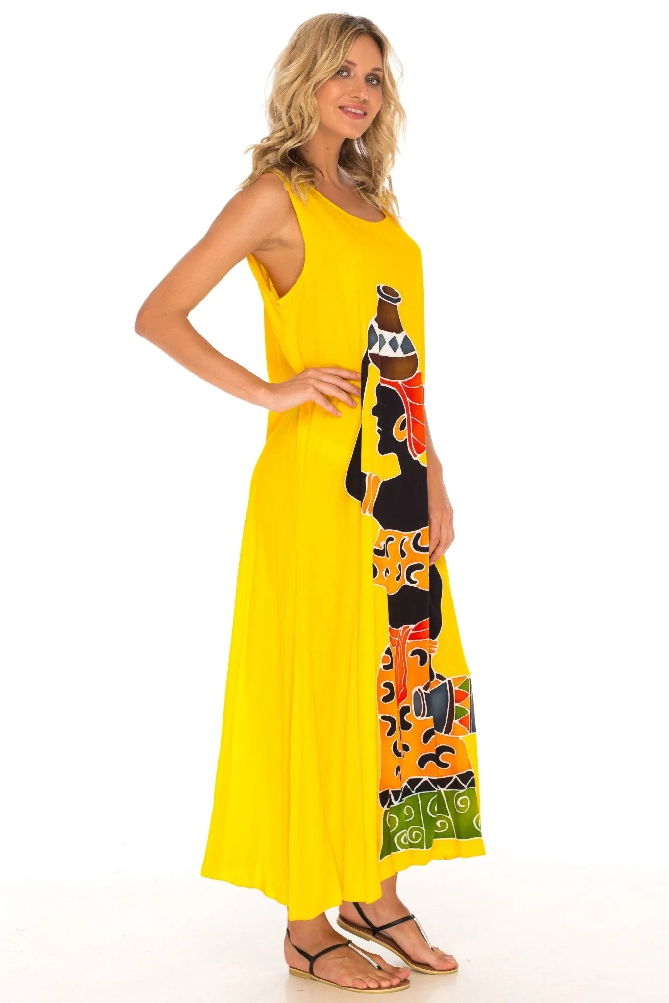 SHU-SHI Women's Loose Sleeveless Tank Dress - Casual Beach Cover-Up Sundress with Hand-Painted Tribal Design