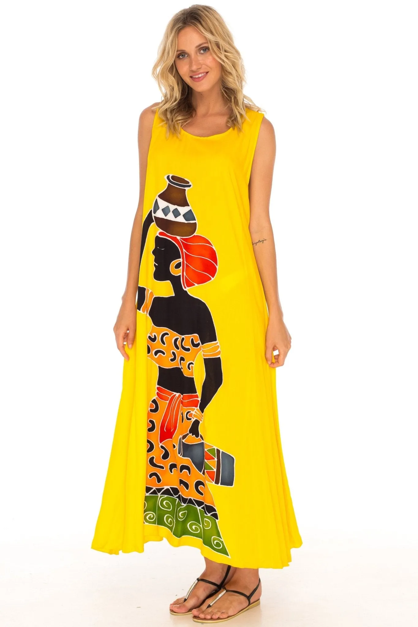 SHU-SHI Women's Loose Sleeveless Tank Dress - Casual Beach Cover-Up Sundress with Hand-Painted Tribal Design