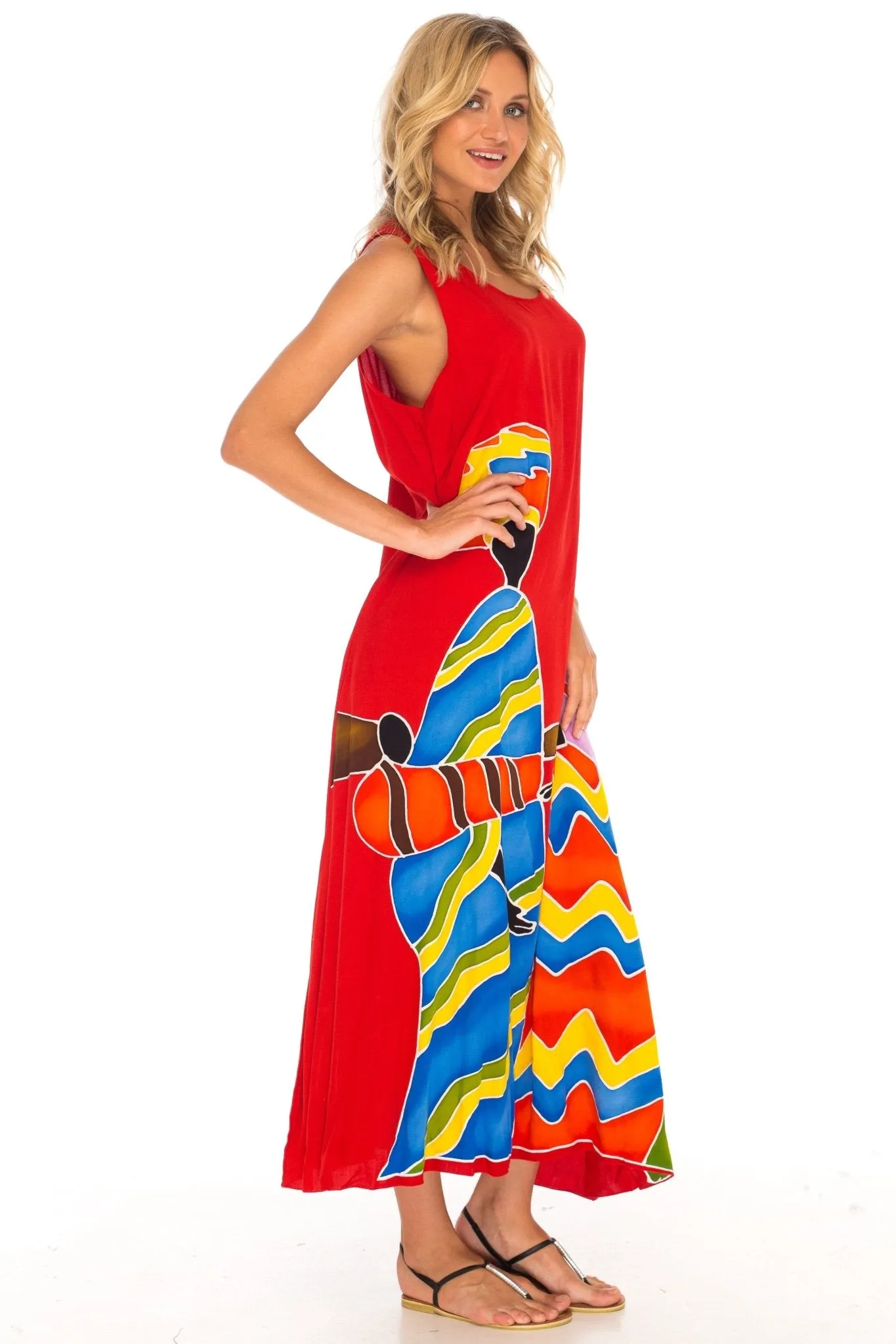 SHU-SHI Women's Loose Sleeveless Tank Dress - Casual Beach Cover-Up Sundress with Hand-Painted Tribal Design