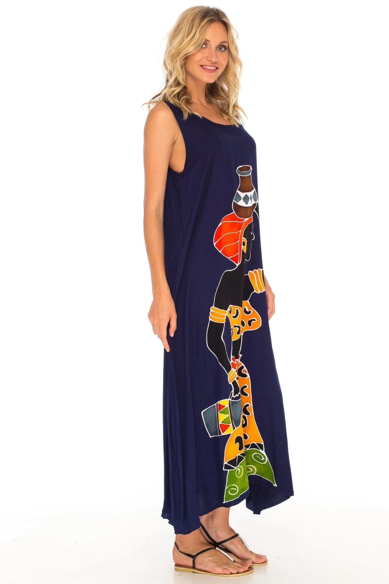 SHU-SHI Women's Loose Sleeveless Tank Dress - Casual Beach Cover-Up Sundress with Hand-Painted Tribal Design