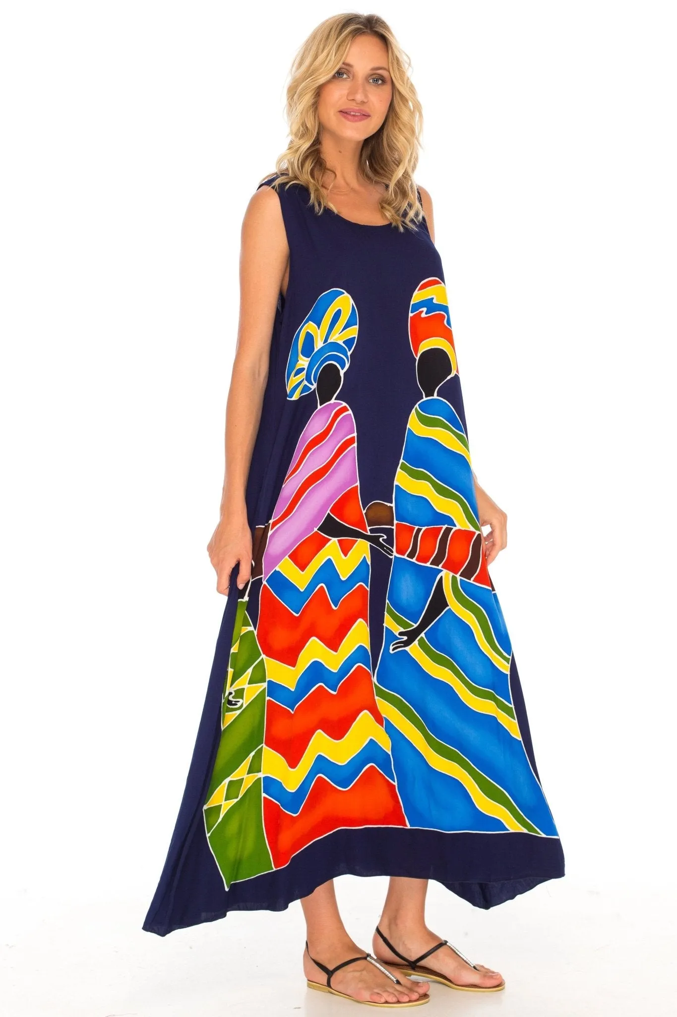 SHU-SHI Women's Loose Sleeveless Tank Dress - Casual Beach Cover-Up Sundress with Hand-Painted Tribal Design