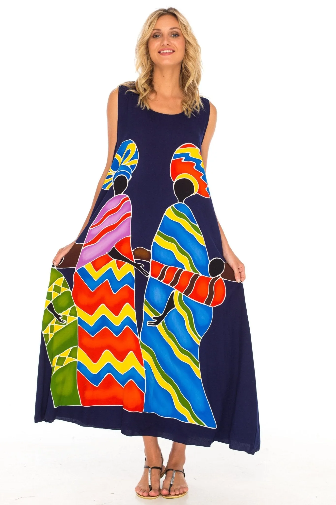 SHU-SHI Women's Loose Sleeveless Tank Dress - Casual Beach Cover-Up Sundress with Hand-Painted Tribal Design