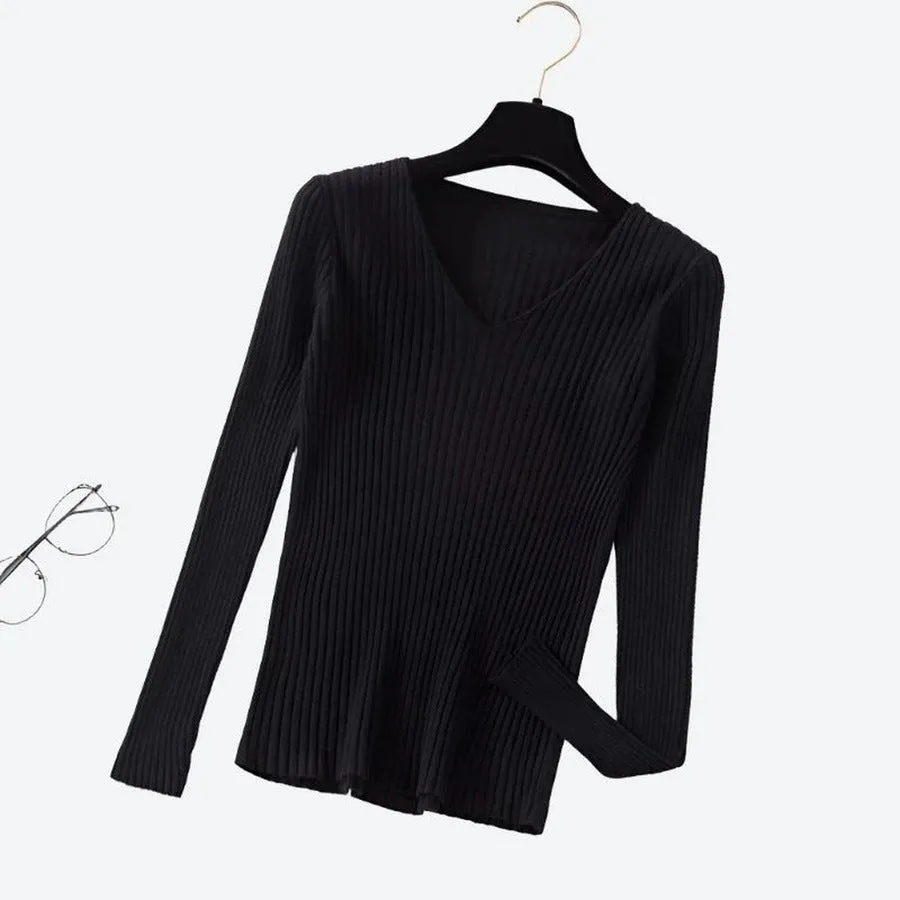 Trendy V-Neck Ribbed Knit Sweaters