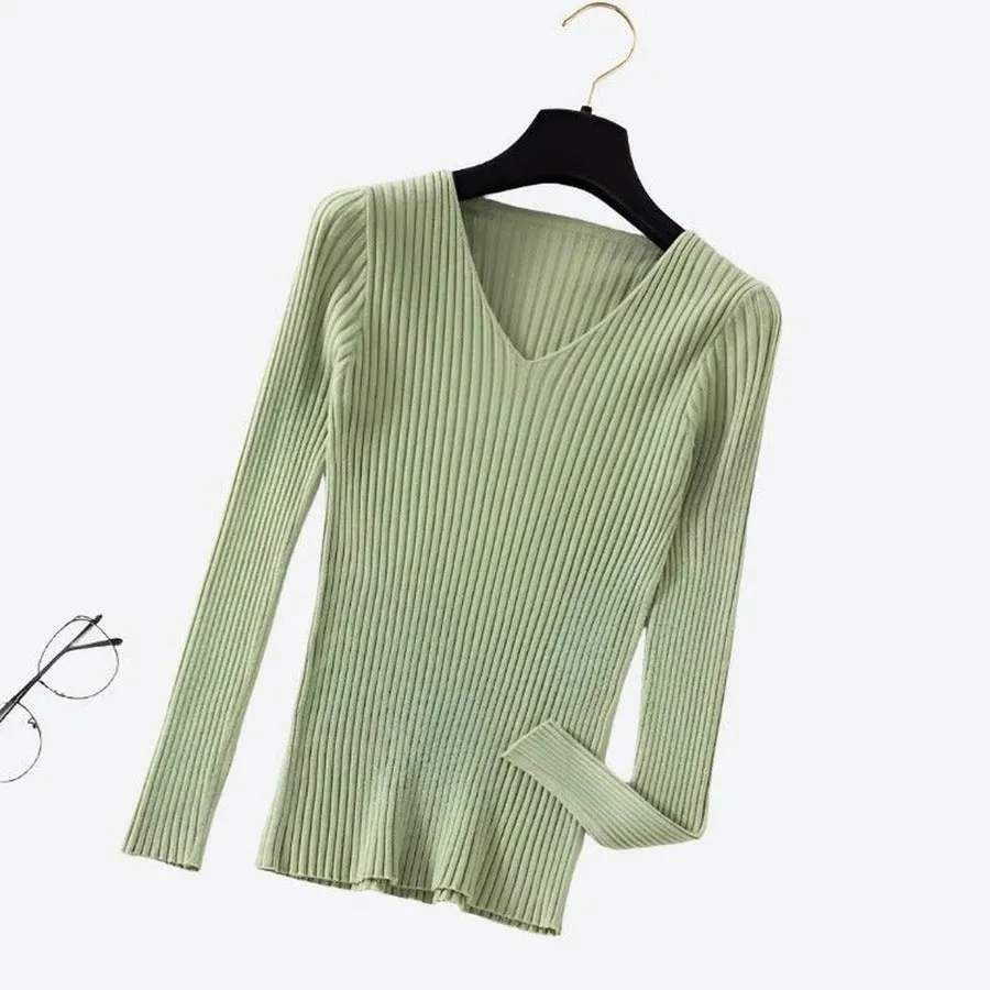 Trendy V-Neck Ribbed Knit Sweaters