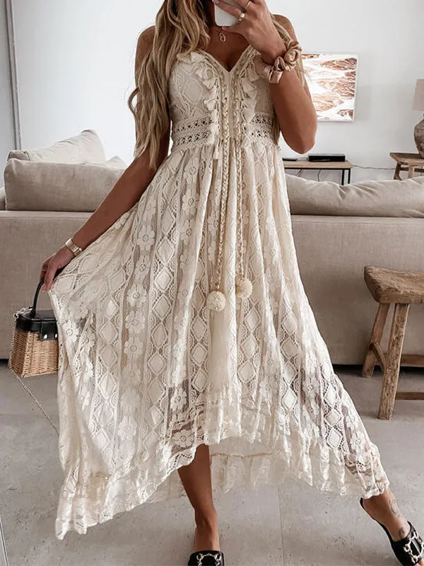 V Neck Boho Trendy Ruffle Flowy Midi Dress