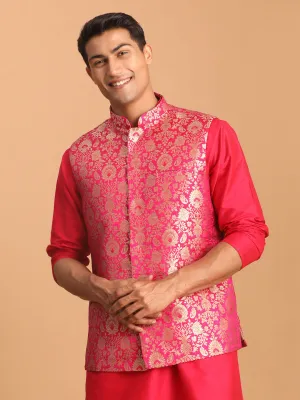 Vastramay Pink Flower Motif Nehru Jacket