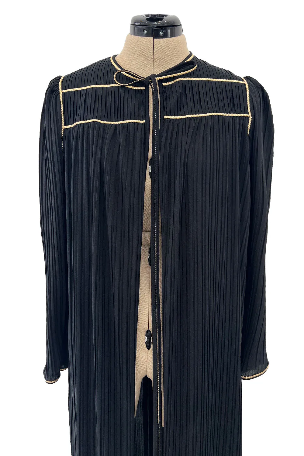 Versatile 1981 Bill Tice Full Length Black Pleated Jersey Coat w Gold Cord Detailing