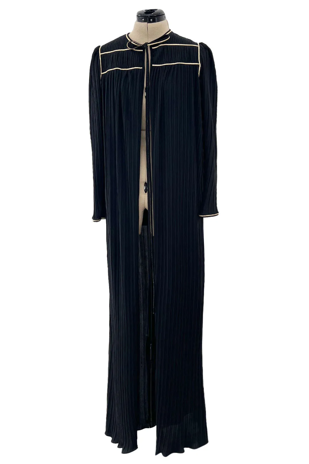 Versatile 1981 Bill Tice Full Length Black Pleated Jersey Coat w Gold Cord Detailing