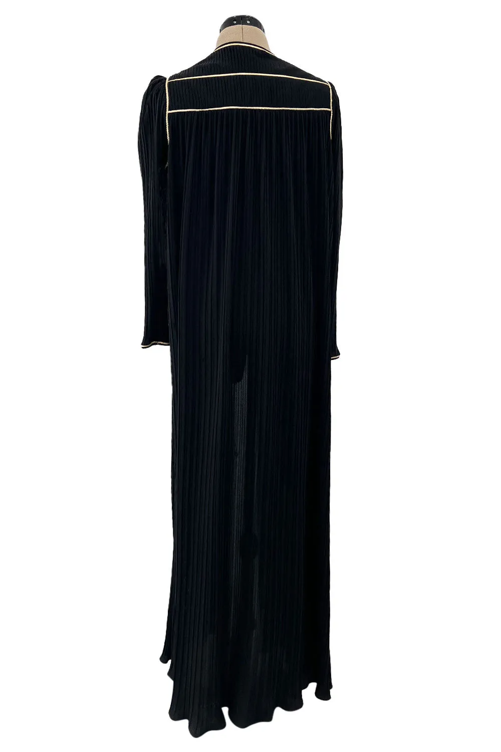 Versatile 1981 Bill Tice Full Length Black Pleated Jersey Coat w Gold Cord Detailing