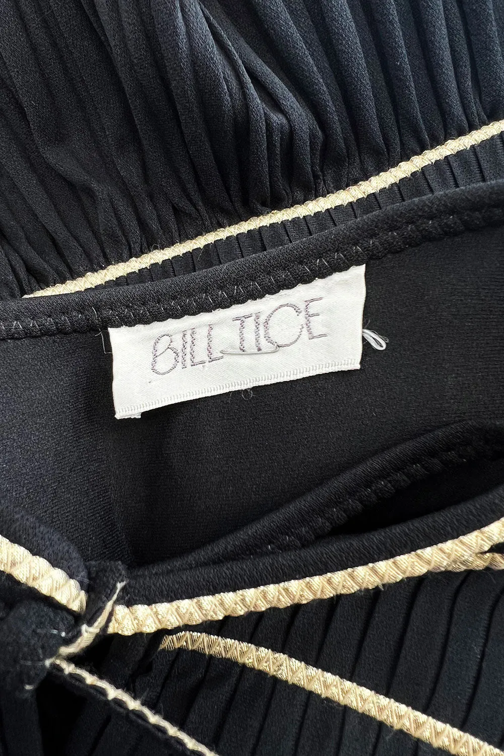 Versatile 1981 Bill Tice Full Length Black Pleated Jersey Coat w Gold Cord Detailing