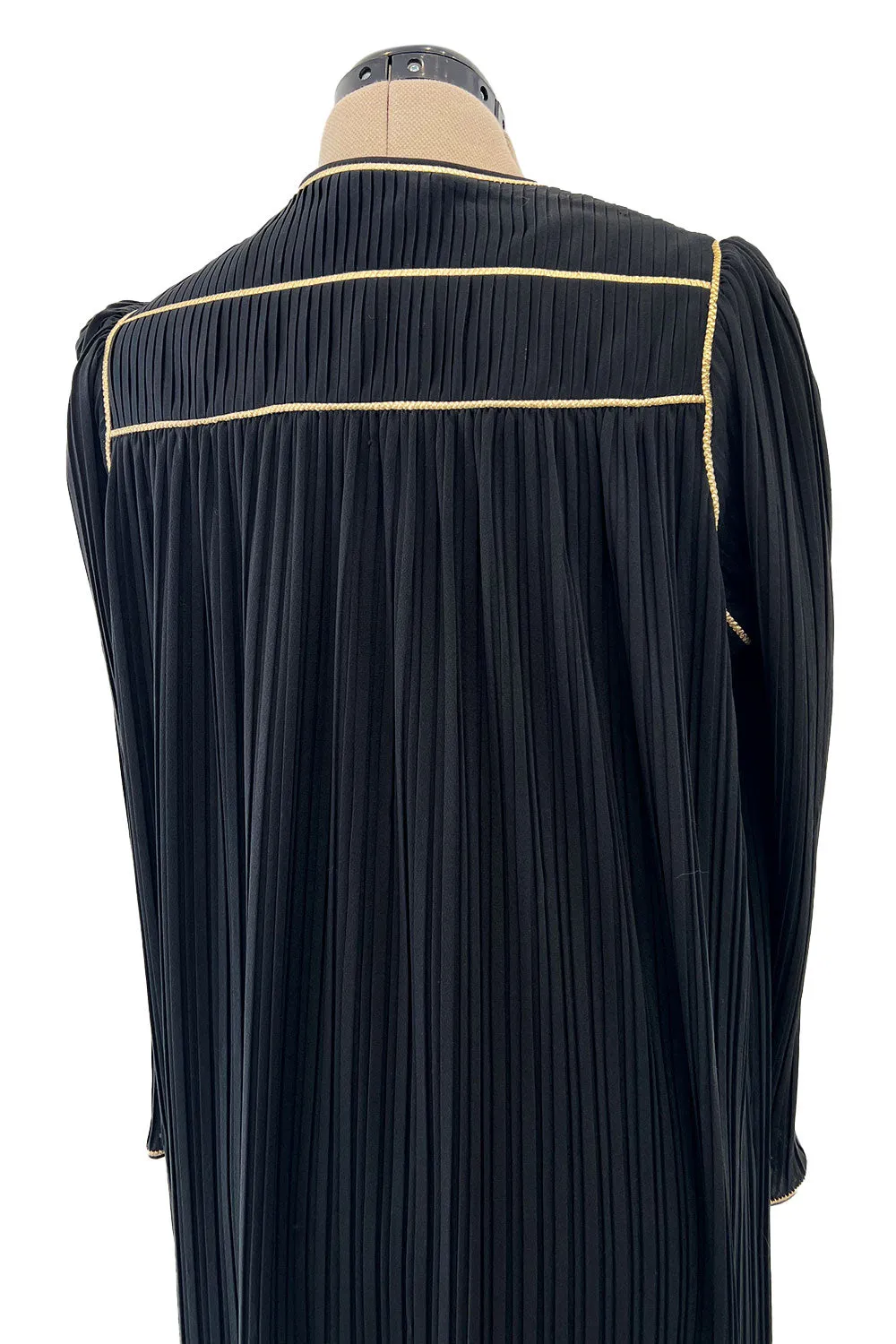 Versatile 1981 Bill Tice Full Length Black Pleated Jersey Coat w Gold Cord Detailing