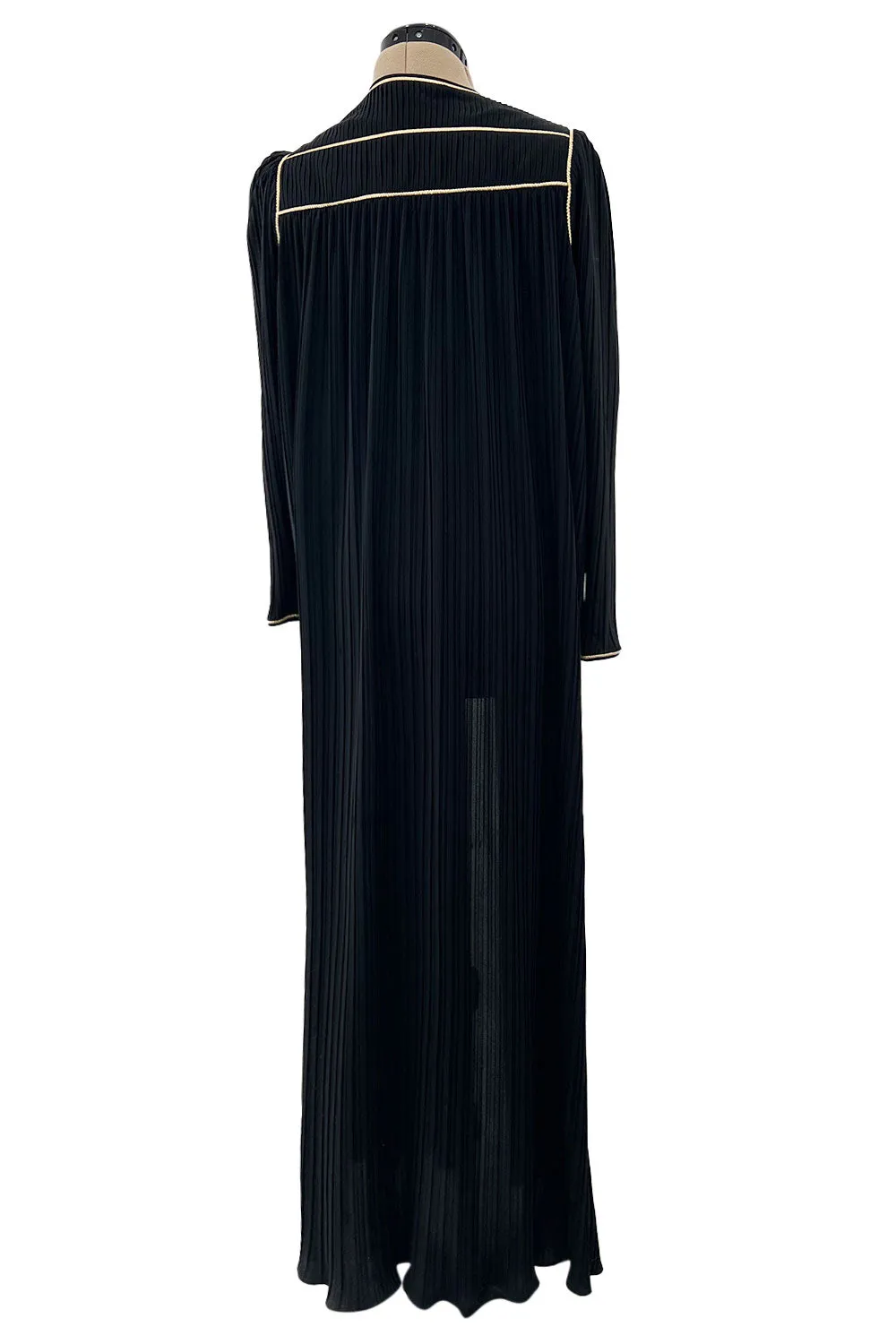 Versatile 1981 Bill Tice Full Length Black Pleated Jersey Coat w Gold Cord Detailing