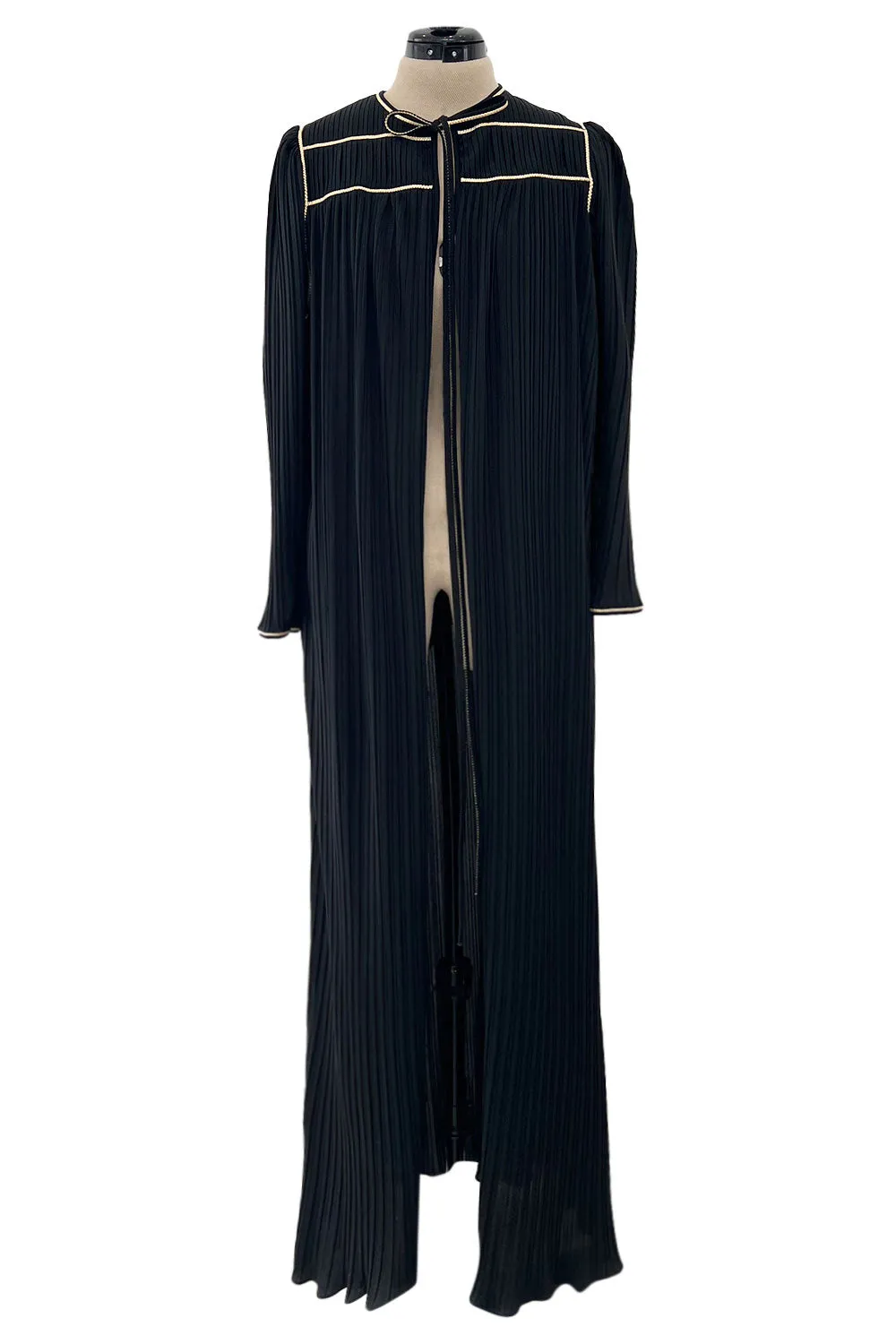 Versatile 1981 Bill Tice Full Length Black Pleated Jersey Coat w Gold Cord Detailing