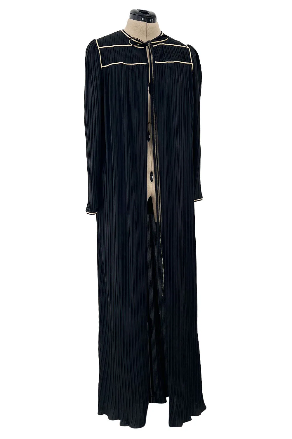 Versatile 1981 Bill Tice Full Length Black Pleated Jersey Coat w Gold Cord Detailing