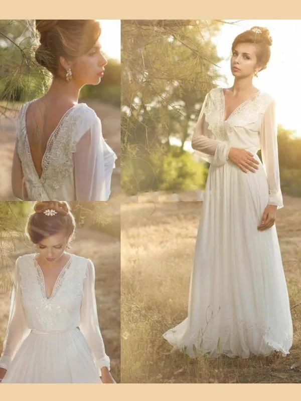 Vintage Long Sleeve Unique Backless A-line Long Flowy Wedding Dress, WD315