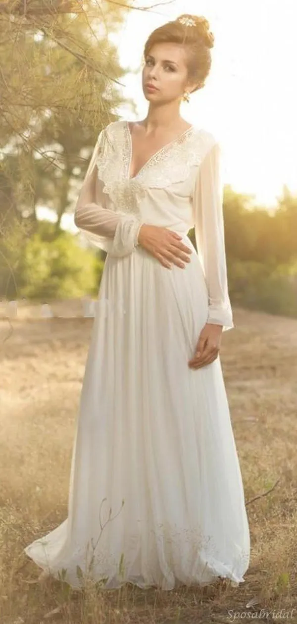 Vintage Long Sleeve Unique Backless A-line Long Flowy Wedding Dress, WD315