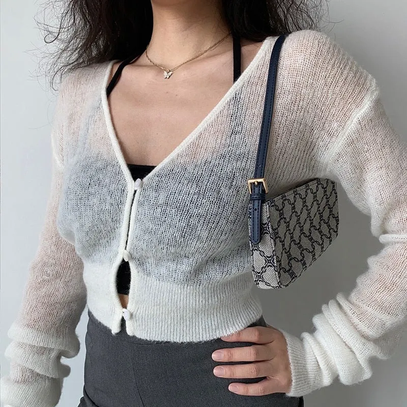 Wenkouban Sexy See Through Cropped Cardigan Women Thin Hollow Out Knitted Cardigans Long Sleeve V-Neck Sweater Crop Tops Korean