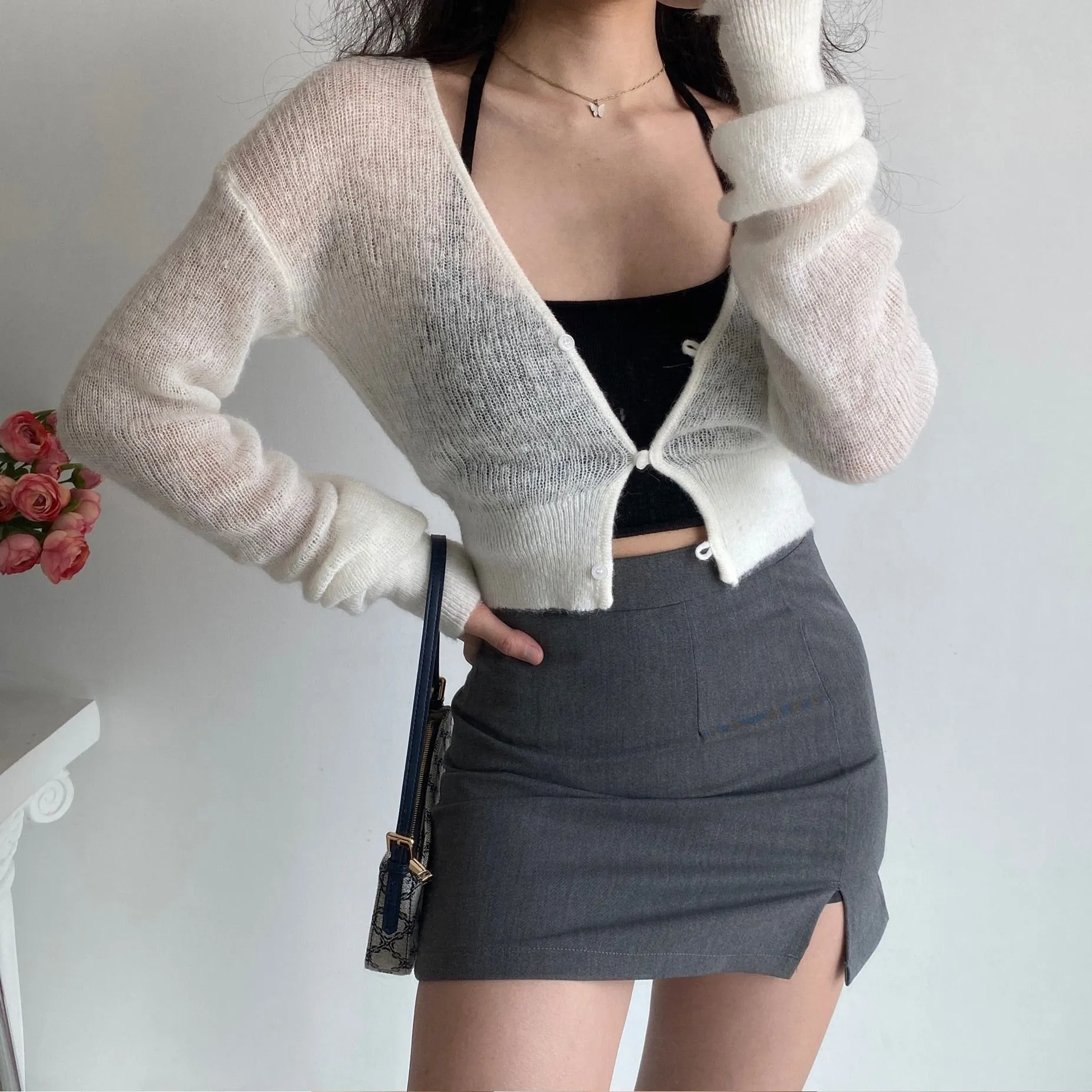 Wenkouban Sexy See Through Cropped Cardigan Women Thin Hollow Out Knitted Cardigans Long Sleeve V-Neck Sweater Crop Tops Korean