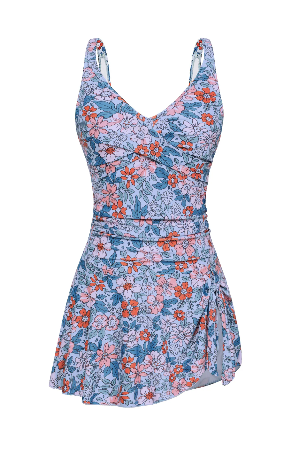 Women V-Neck Swim Dress with Attached Briefs Ruched Padded Swimwear