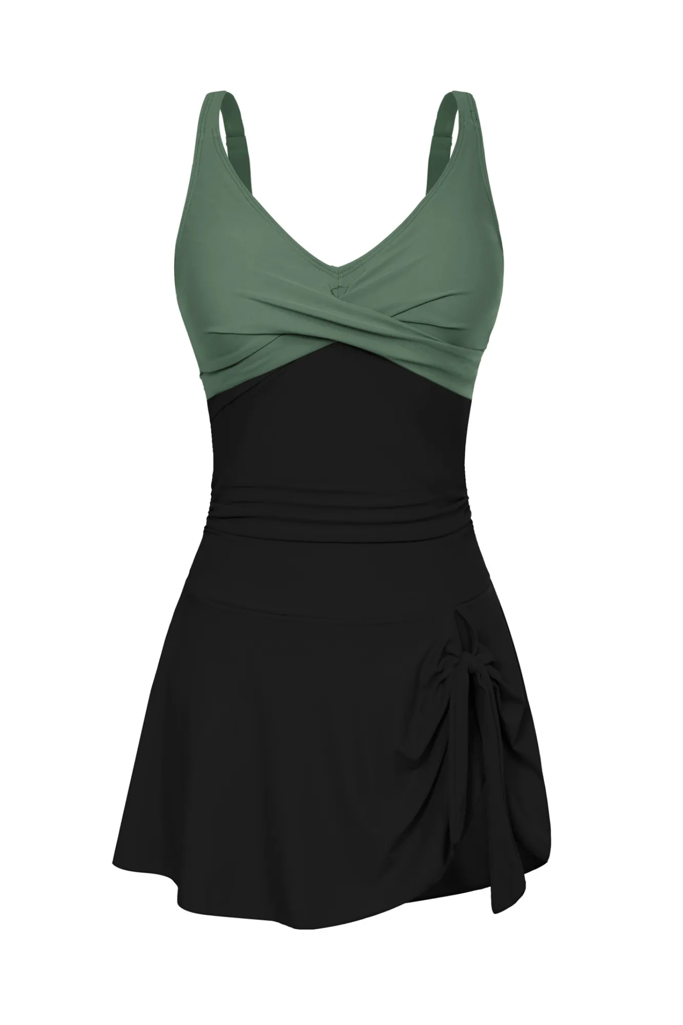 Women V-Neck Swim Dress with Attached Briefs Ruched Padded Swimwear