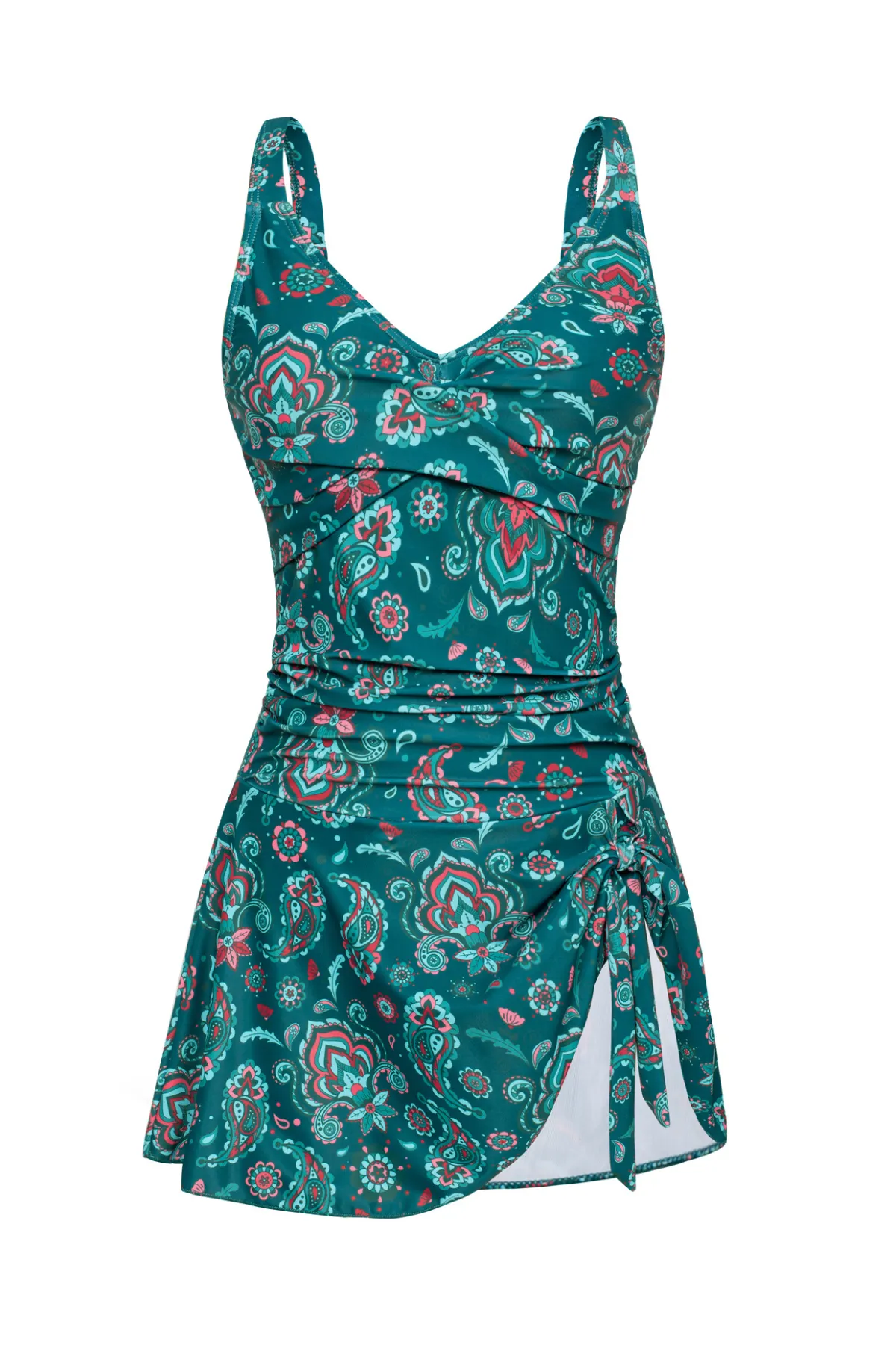 Women V-Neck Swim Dress with Attached Briefs Ruched Padded Swimwear