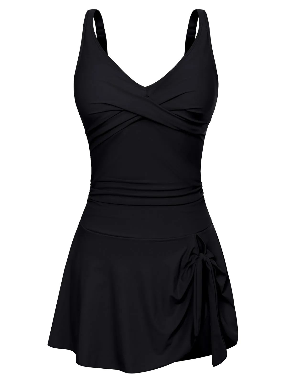 Women V-Neck Swim Dress with Attached Briefs Ruched Padded Swimwear