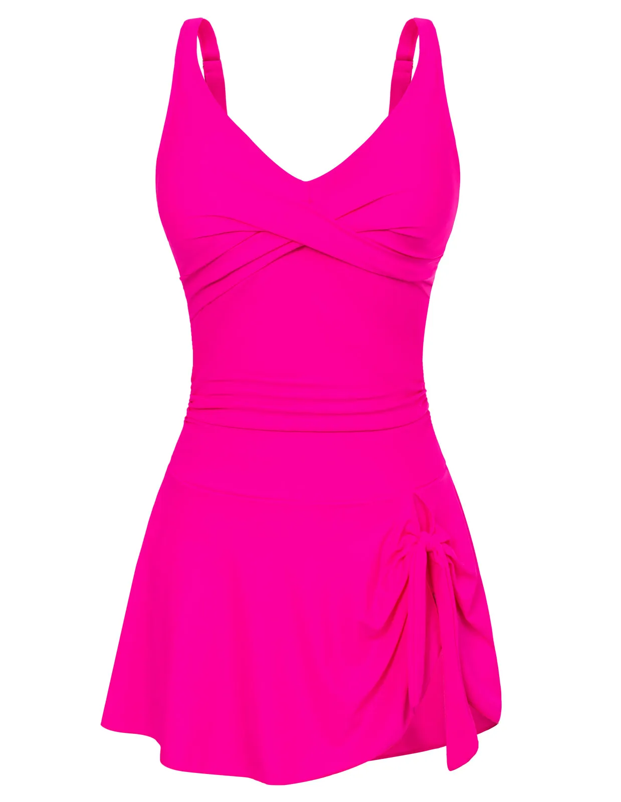 Women V-Neck Swim Dress with Attached Briefs Ruched Padded Swimwear