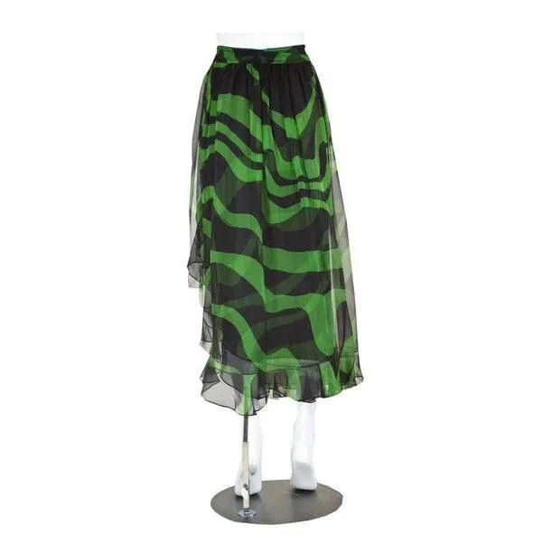 YVES SAINT LAURENT Black and Green Silk Chiffon Ruffle Trim Sash Skirt, 2004 | Size 40