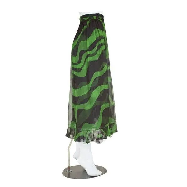 YVES SAINT LAURENT Black and Green Silk Chiffon Ruffle Trim Sash Skirt, 2004 | Size 40